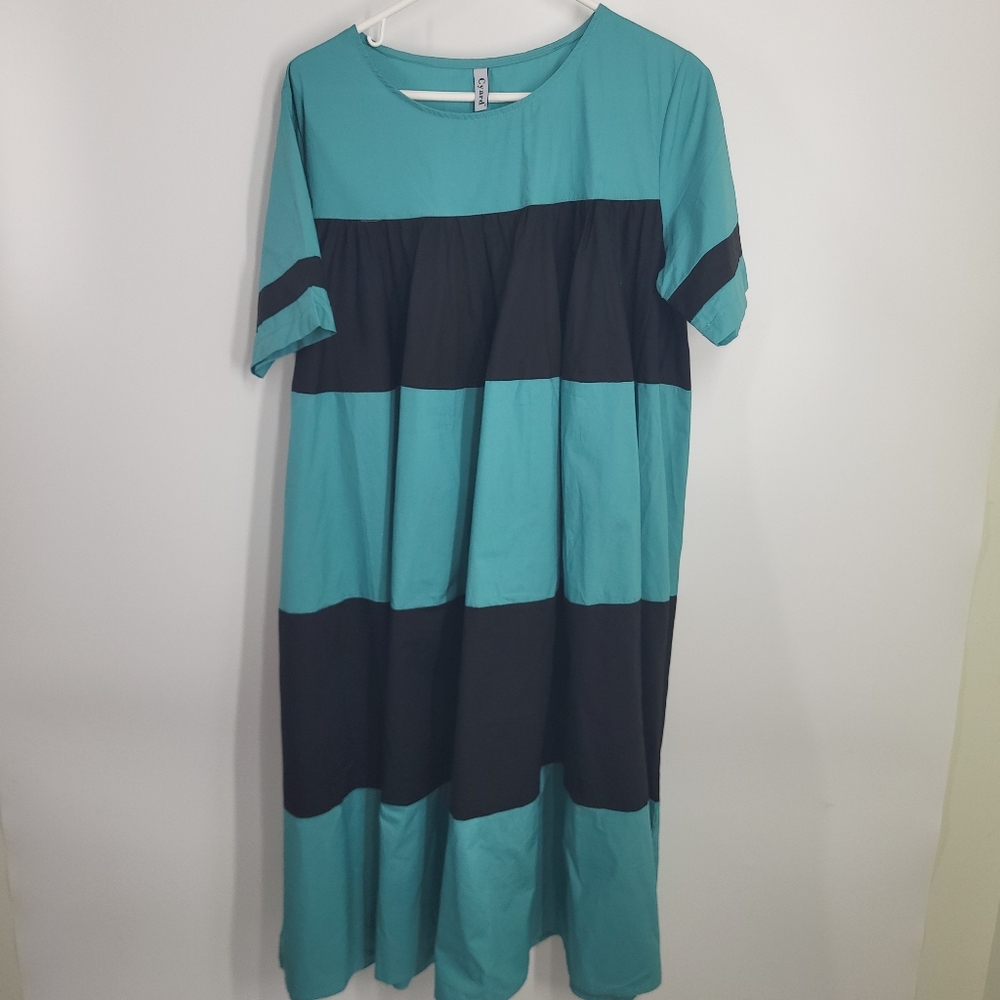 Yard Blue & Green Color Block Gathered Flowy Dress